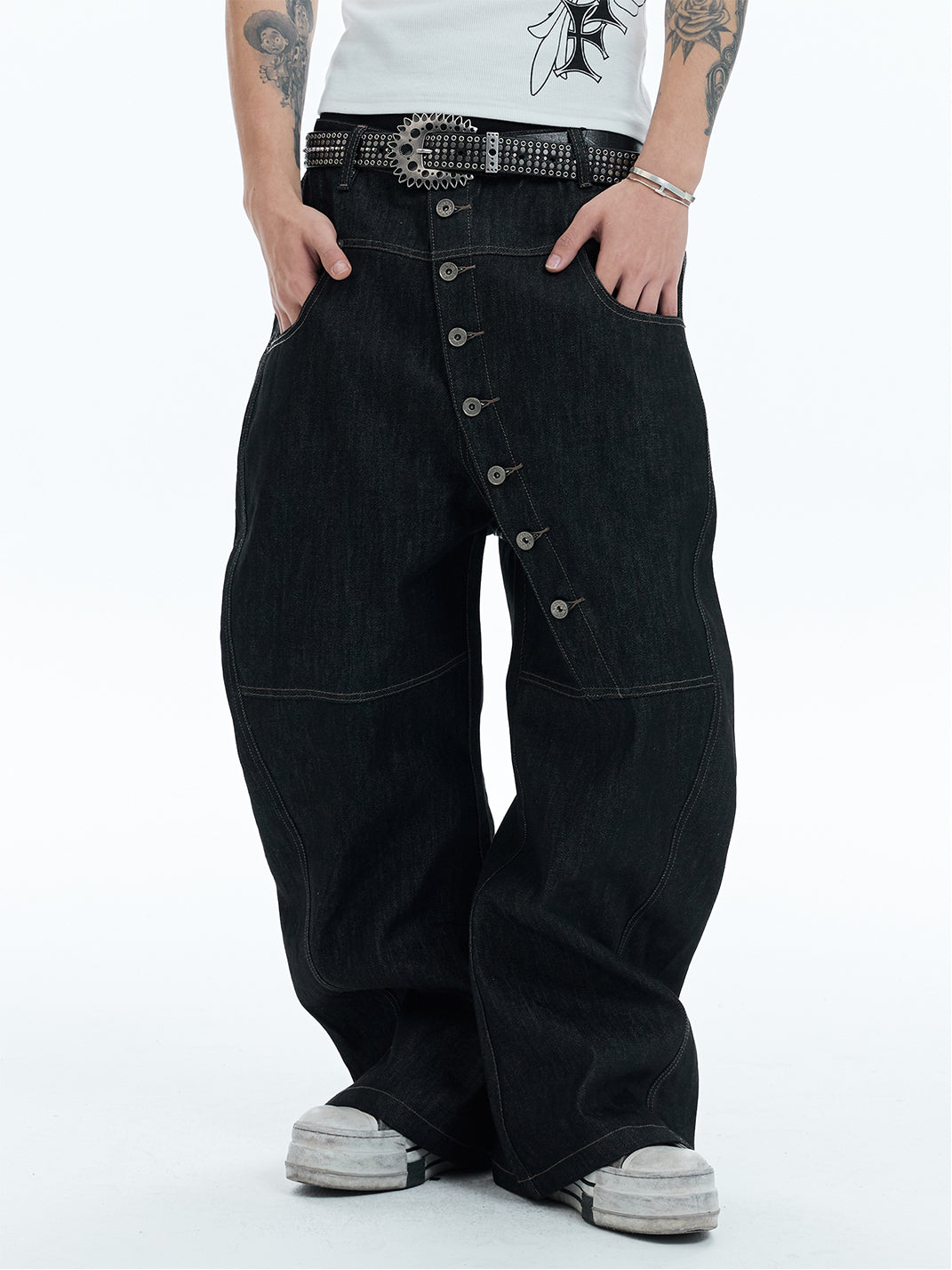 DND4DES | Curved Button Fly Baggy Raw Jeans - PSYLOS 1, DND4DES | Curved Button Fly Baggy Raw Jeans, Pants, DND4DES•JAPAN, PSYLOS 1